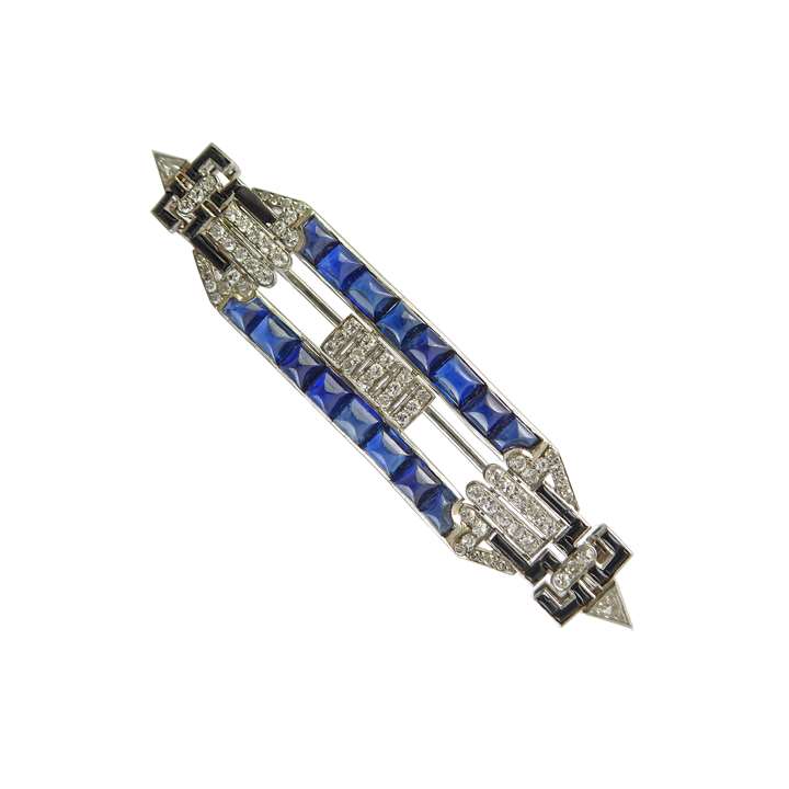 Art Deco sapphire, diamond and onyx oblong brooch, French c.1925, of open geometric design with pointed ends,